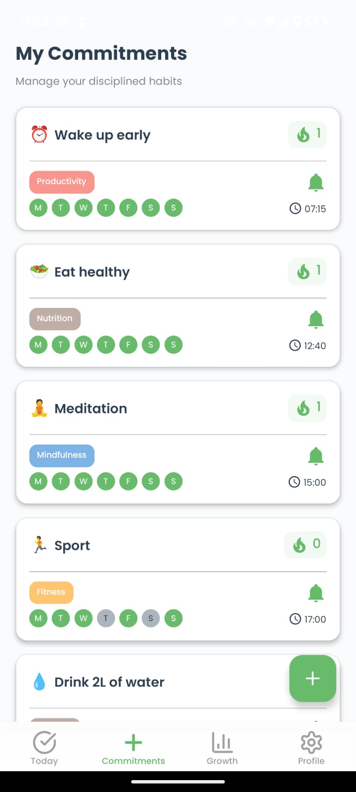 My Habits screen showing list of habits with categories and streak info