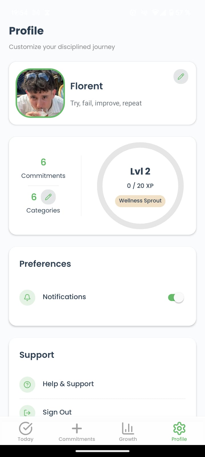 Settings screen showing user profile and app preferences