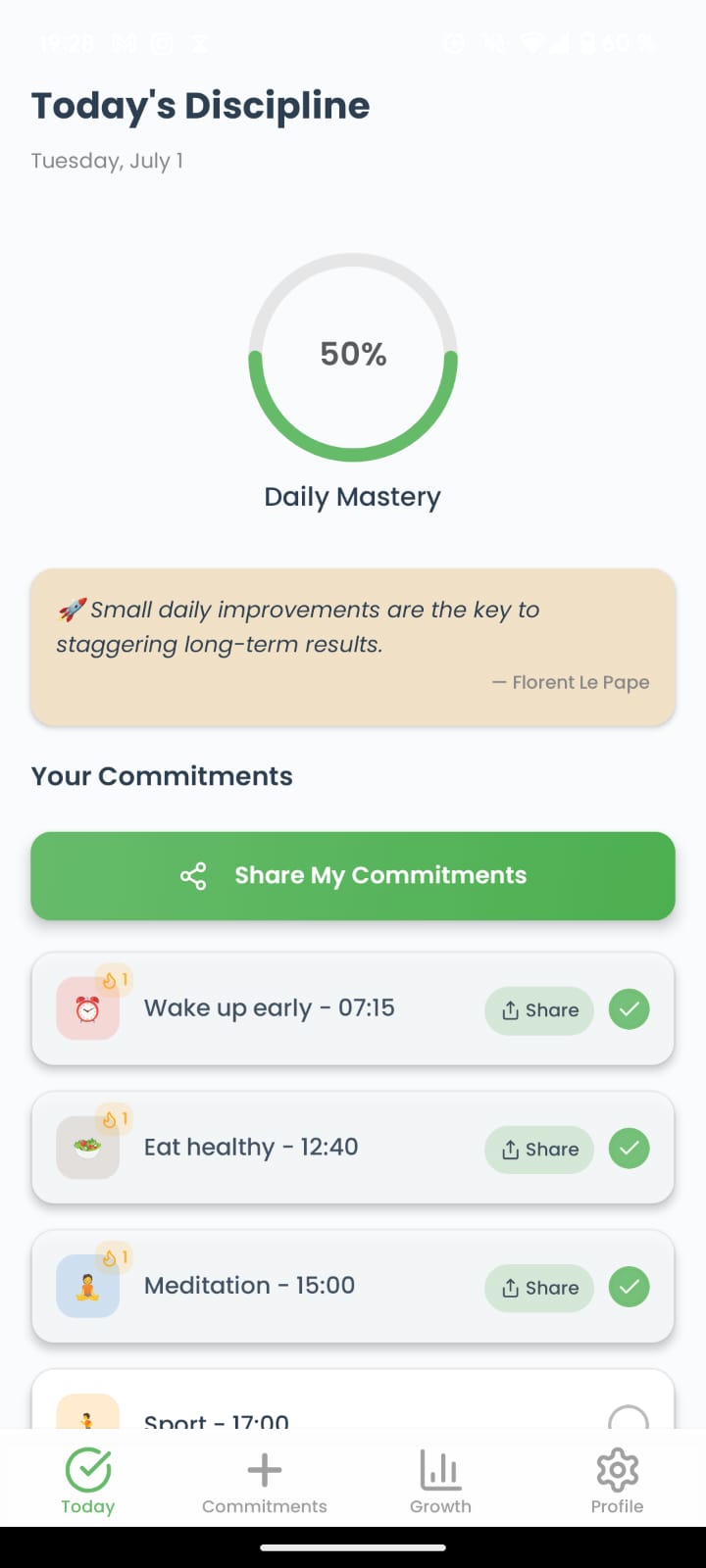 Today's Habits screen showing habit tracking interface with progress circle